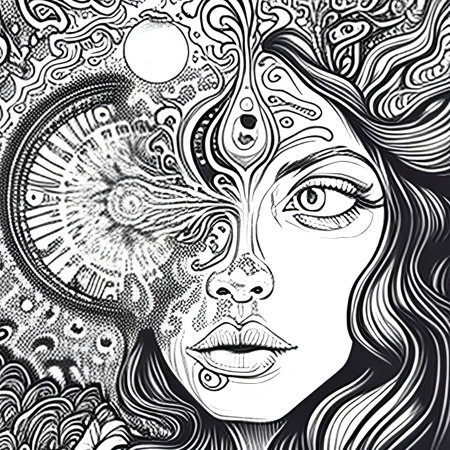 Beautiful woman face. Hand drawn vector illustration. monochrome.の素材