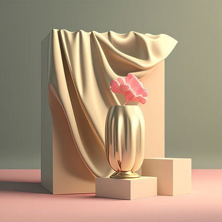 3d render of golden pedestal with flower in vase and curtainの素材