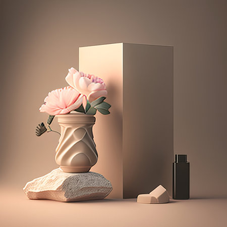 3d render of cosmetic product display podium with peony flowers in vaseの素材