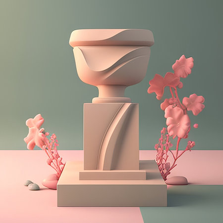 3d render of pedestal for product presentation with flowers in pastel colorsの素材