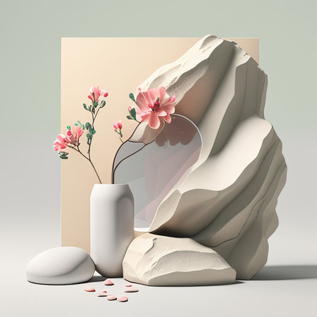 3d render of white stone with pink flowers in vase on gray backgroundの素材