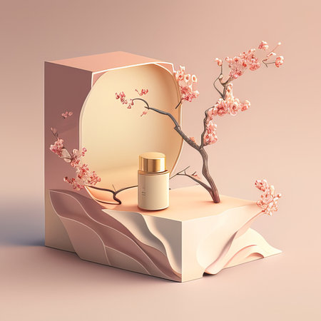 3d render of cosmetic product display podium with sakura blossomの素材