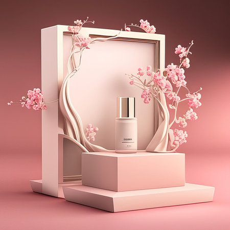 Cosmetic product display podium with pink flowers 3d render illustration.の素材