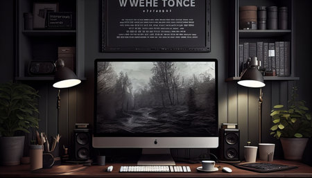 Computer screen mockup in dark room interior, 3D illustration.の素材