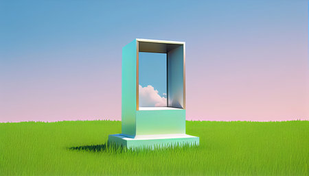 A 3D render of an open window in a green grassy fieldの素材