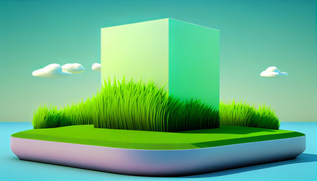 3d render of green building with grass and clouds on blue backgroundの素材
