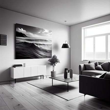 Modern living room interior with a sofa, a coffee table and a picture on the wall. 3d mockup renderingの素材