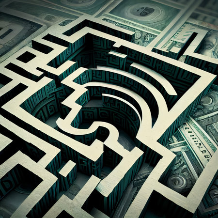 3d rendering of maze with internet symbol on dollar banknotes backgroundの素材
