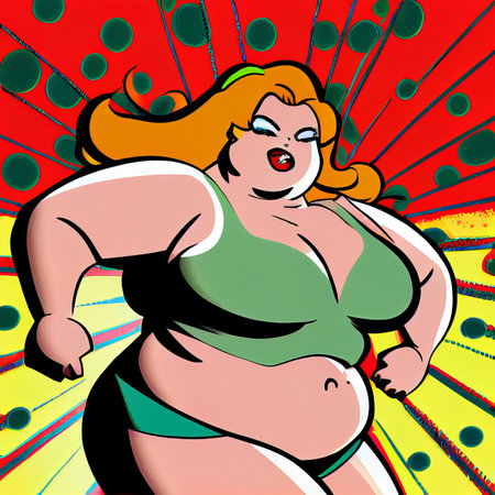 Fat woman with big belly. Pop art comic style vector illustration.の素材