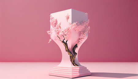 3d rendering of a podium with a cherry blossom tree.の素材
