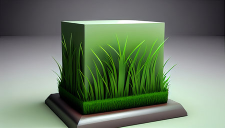3d rendering of a grass in a square box on a gray backgroundの素材