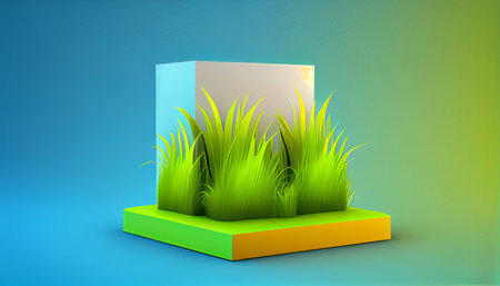 3d render of a green grass on a pedestal against a blue backgroundの素材