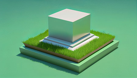 Isometric grave with grass on green background. 3D rendering.の素材