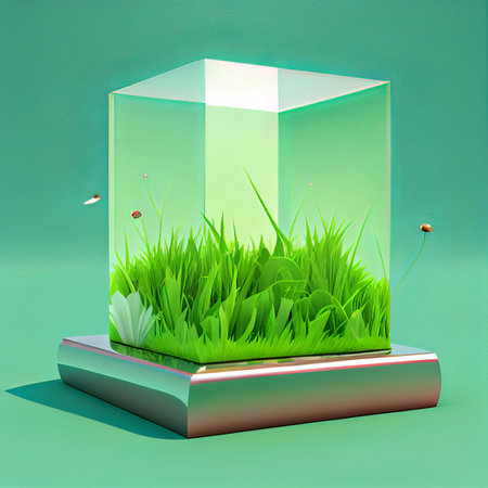 Glass cube with grass and flowers on green background. 3d renderの素材
