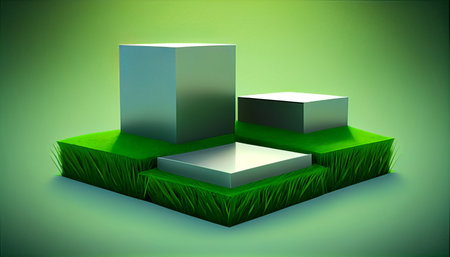 3d render of pedestal or podium for product display with grassの素材