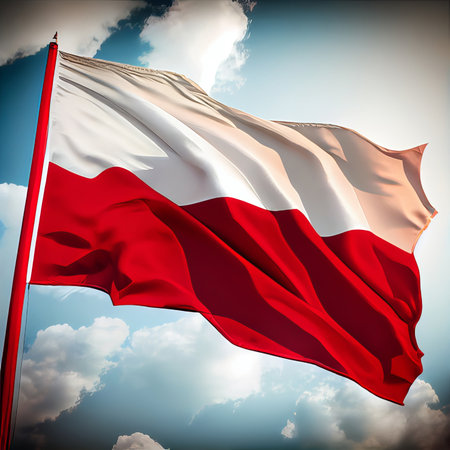 Poland flag waving in the cloudy sky. 3d illustration.の素材