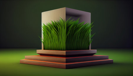 3d illustration of a box with grass on a green background.の素材
