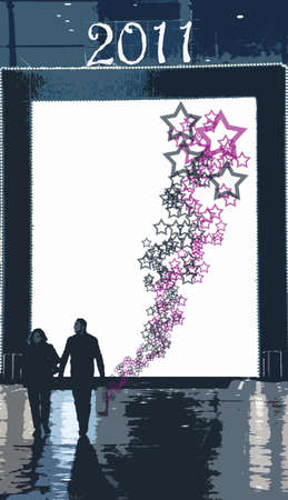 Illustration with two shoppers exiting comercial areaの写真素材