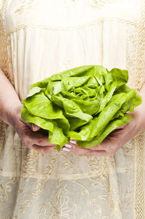 Housewife holding green saladの写真素材