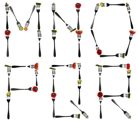 M to R letters made of cut food in forksの写真素材