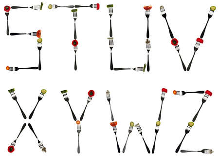S to Z letters made of cut food in forksの写真素材