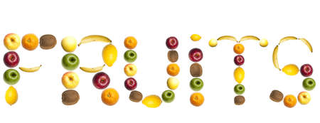 Fruits word made of mixed fruitsの写真素材