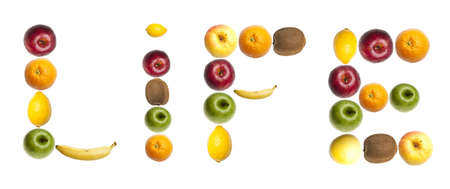 Life word made of mixed fruitsの写真素材