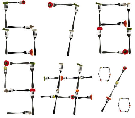 6 to 9 digits and signs made of cut food in forksの写真素材