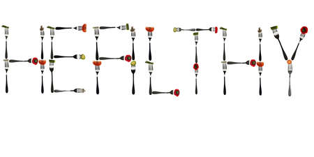 Healthy word made of different type of vegetables in forksの写真素材