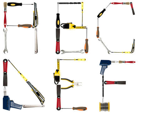 A to F letters made of different hand toolsの写真素材