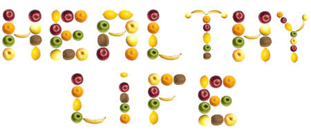 Healthy life words made of different of fruitsの写真素材