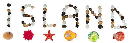 Island word made of stones and sea objectsの写真素材