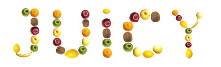 Juicy word made of different of fruitsの写真素材