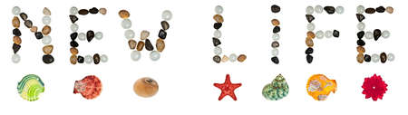 New life words made of stones and sea objectsの写真素材