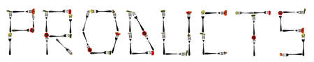 Products word made of different type of food in forksの写真素材