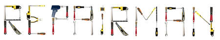 Repairman word made of different hand toolsの写真素材
