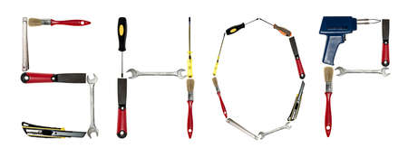 Shop word made of different hand toolsの写真素材