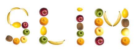 Slim word made of different of fruitsの写真素材