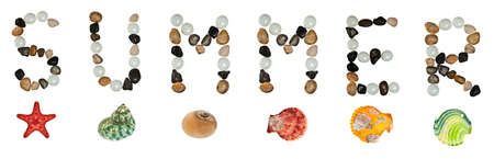 Summer word made of stones and sea objectsの写真素材