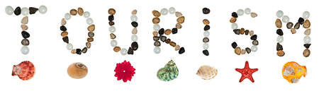 Tourism word made of stones and sea objectsの写真素材