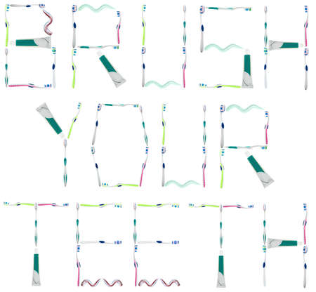 Brush your teeth words made of toothbrushes and toothpasteの写真素材