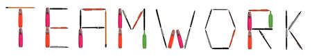 Teamwork word made of different type of writing toolsの写真素材