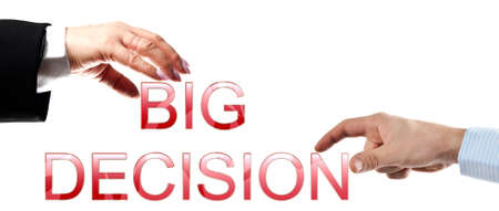 Bid decision words made by business woman and man handsの写真素材