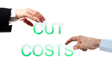 Cut costs words made by business woman and man handsの写真素材