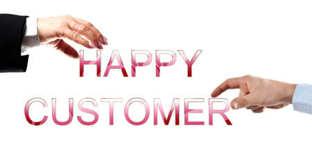 Happy customer words made by business woman and man handsの写真素材