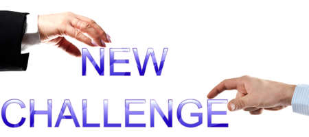 New challenge words made by business woman and man handsの写真素材