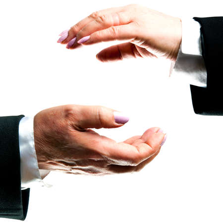 Business woman hands protect empty spaceの写真素材