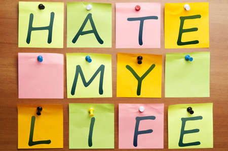 Hate my life words made by post itの写真素材