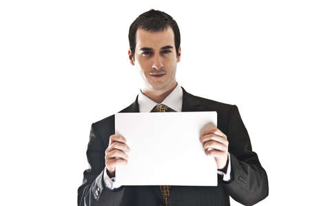 Isolated business man holding blank paperの写真素材