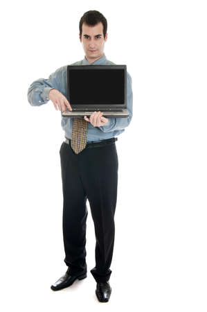 Isolated business man with laptopの写真素材